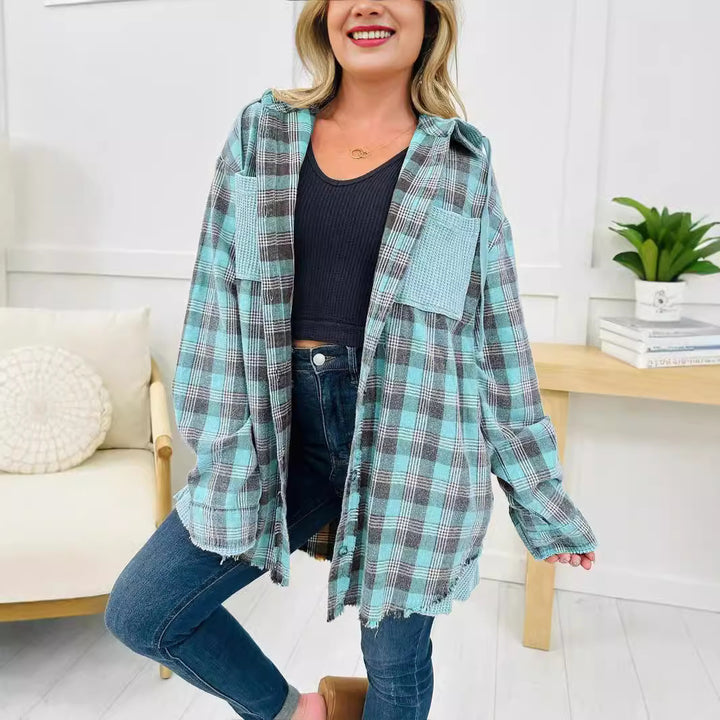 Kvinnors Oversized rutig skjorta jacka med fransdetaljer Mirla-Eva Jonsson