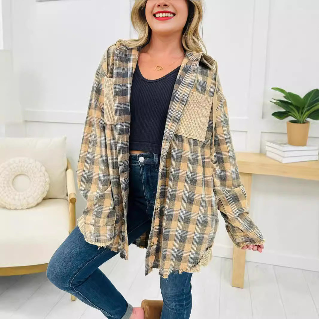 Kvinnors Oversized rutig skjorta jacka med fransdetaljer Mirla-Eva Jonsson