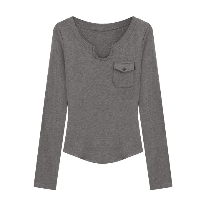 Kvinnors Slim-Fit Långärmad Skjorta med Rund Hals och Bröstficka Mirla-Eva Jonsson