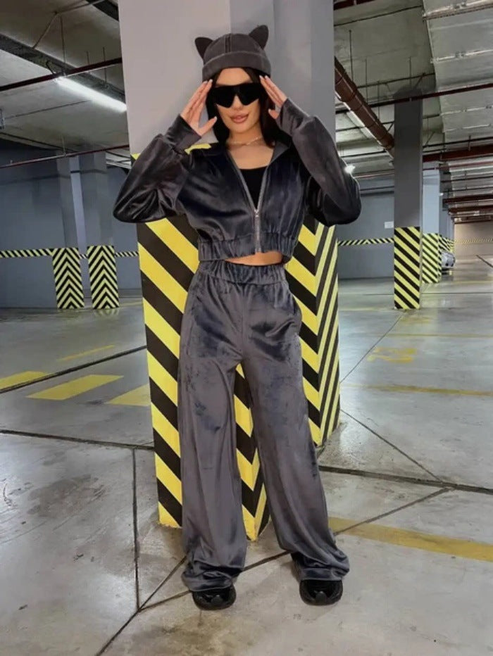 Kvinnors Sportiga Velour Loungewear Set med Huva och Elastisk Midjeband Mirla-Eva Jonsson