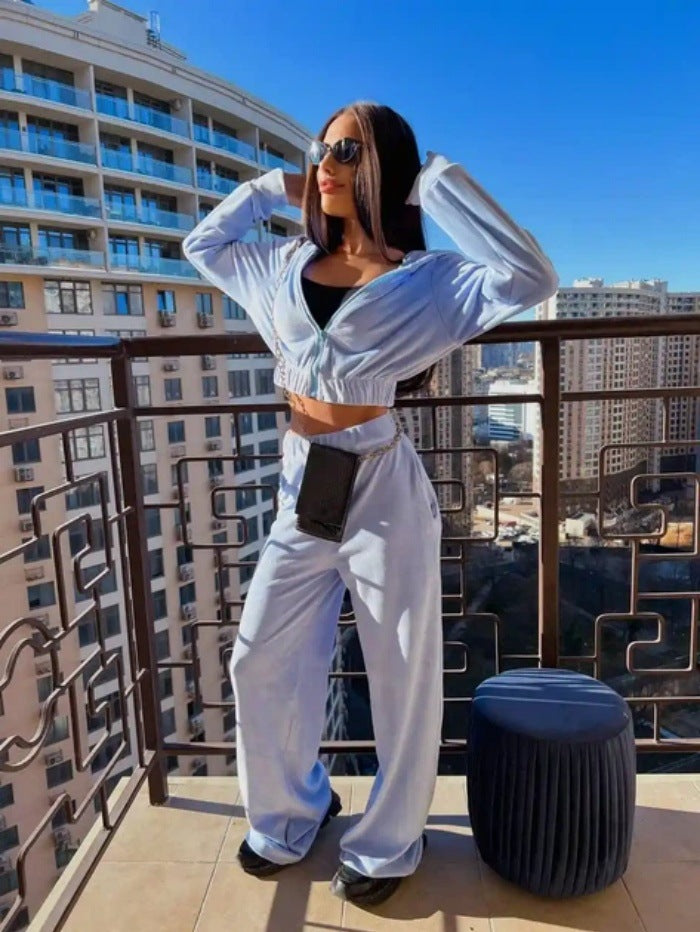Kvinnors Sportiga Velour Loungewear Set med Huva och Elastisk Midjeband Mirla-Eva Jonsson