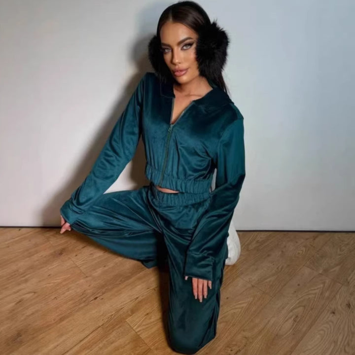 Kvinnors Sportiga Velour Loungewear Set med Huva och Elastisk Midjeband Mirla-Eva Jonsson