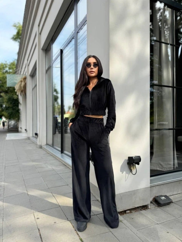 Kvinnors Sportiga Velour Loungewear Set med Huva och Elastisk Midjeband Mirla-Eva Jonsson