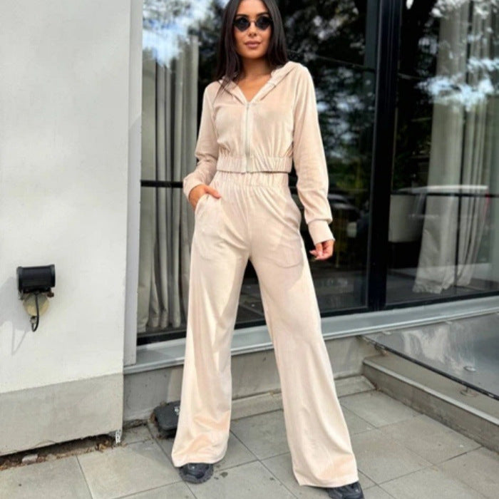 Kvinnors Sportiga Velour Loungewear Set med Huva och Elastisk Midjeband Mirla-Eva Jonsson