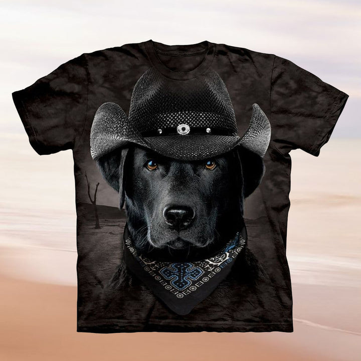 Kvinnors T-shirt med kreativt hundmotiv och cowboyhattdesign Mirla-Eva Jonsson