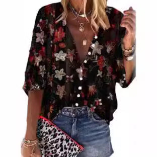 Kvinnors Transparent Blus med Blommig Brodyr och Oversized Skärning-Eva Jonsson
