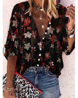 Kvinnors Transparent Blus med Blommig Brodyr och Oversized Skärning-Eva Jonsson