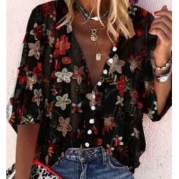 Kvinnors Transparent Blus med Blommig Brodyr och Oversized Skärning-Eva Jonsson