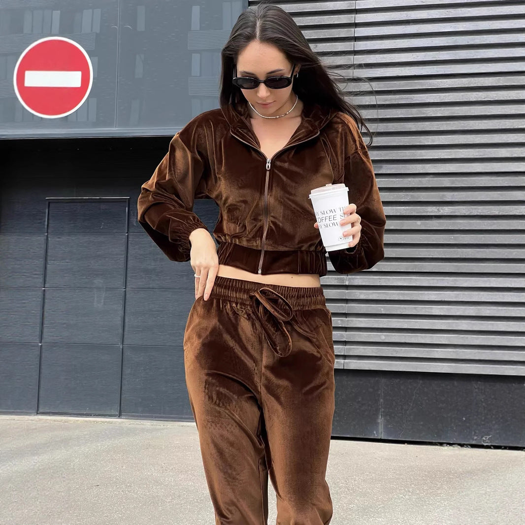 Kvinnors Velour Träningsdräkt med Hög Midja och Kropad Jacka Mirla-Eva Jonsson