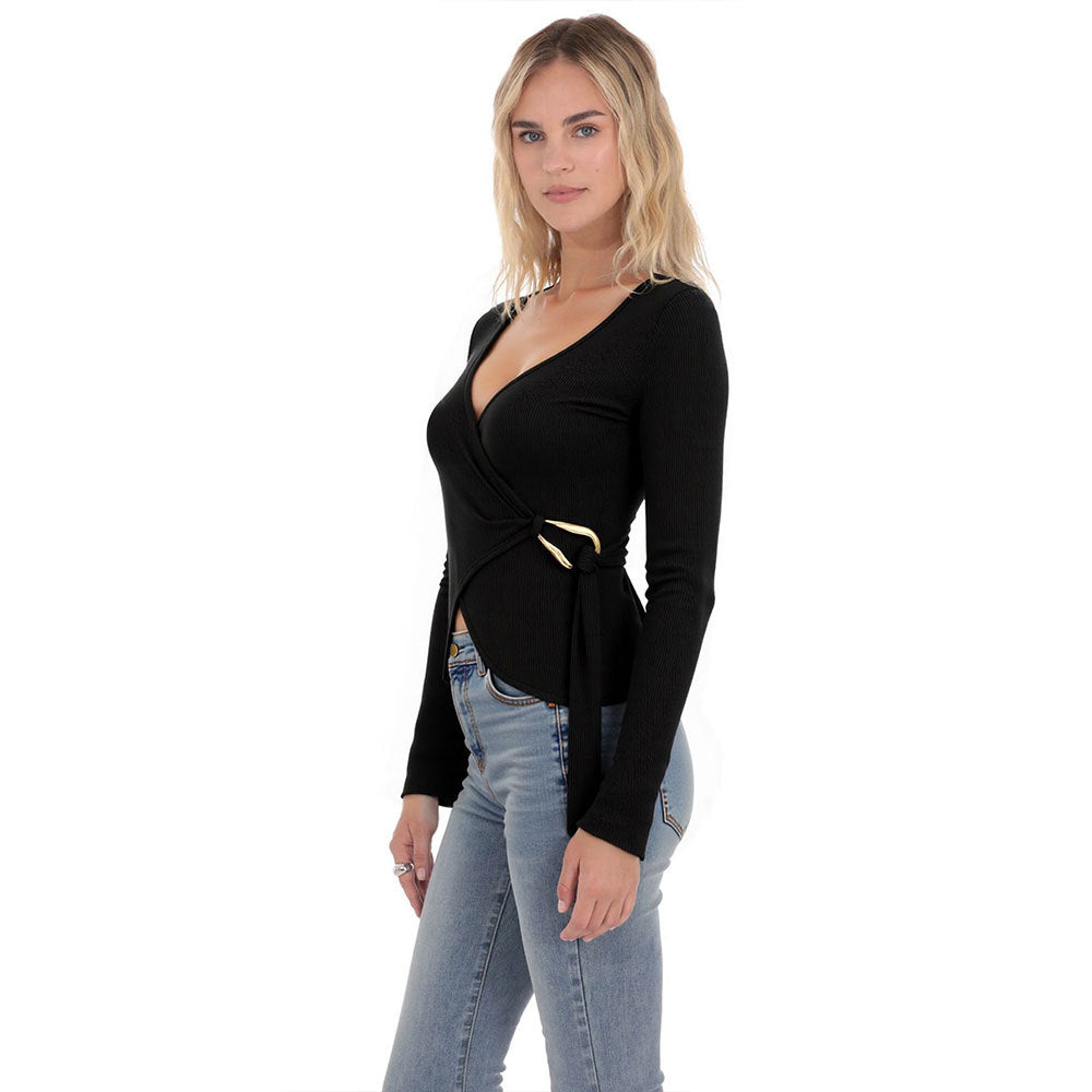 Kvinnors Wrap Top med Långa Ärmar och Eleganta Rynkdetaljer Mirla-Eva Jonsson
