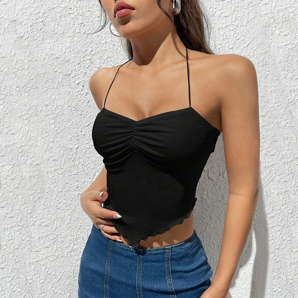 Kvinnors ärmlös crop top med volanger och dekorativt spetskant Mirla-Eva Jonsson