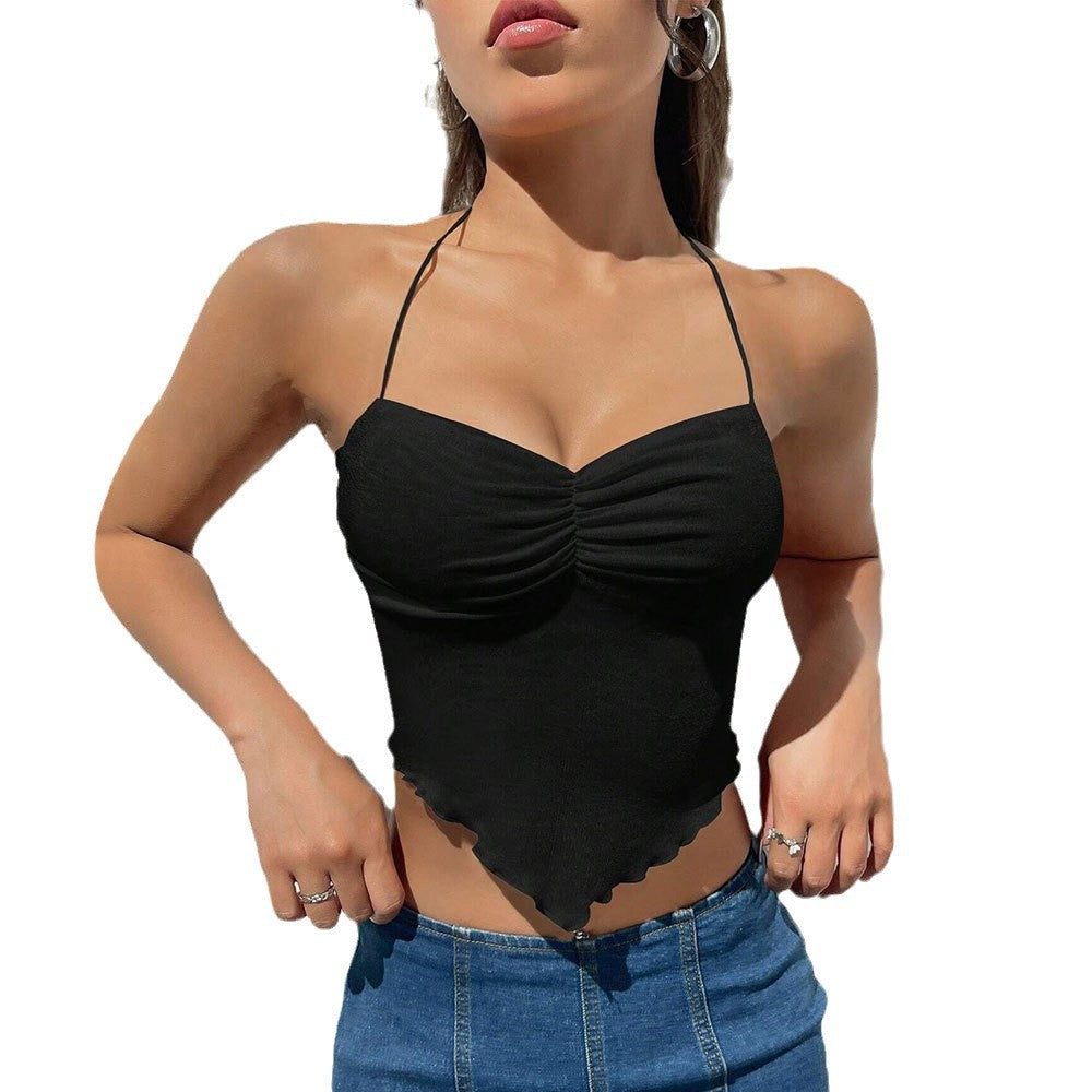 Kvinnors ärmlös crop top med volanger och dekorativt spetskant Mirla-Eva Jonsson