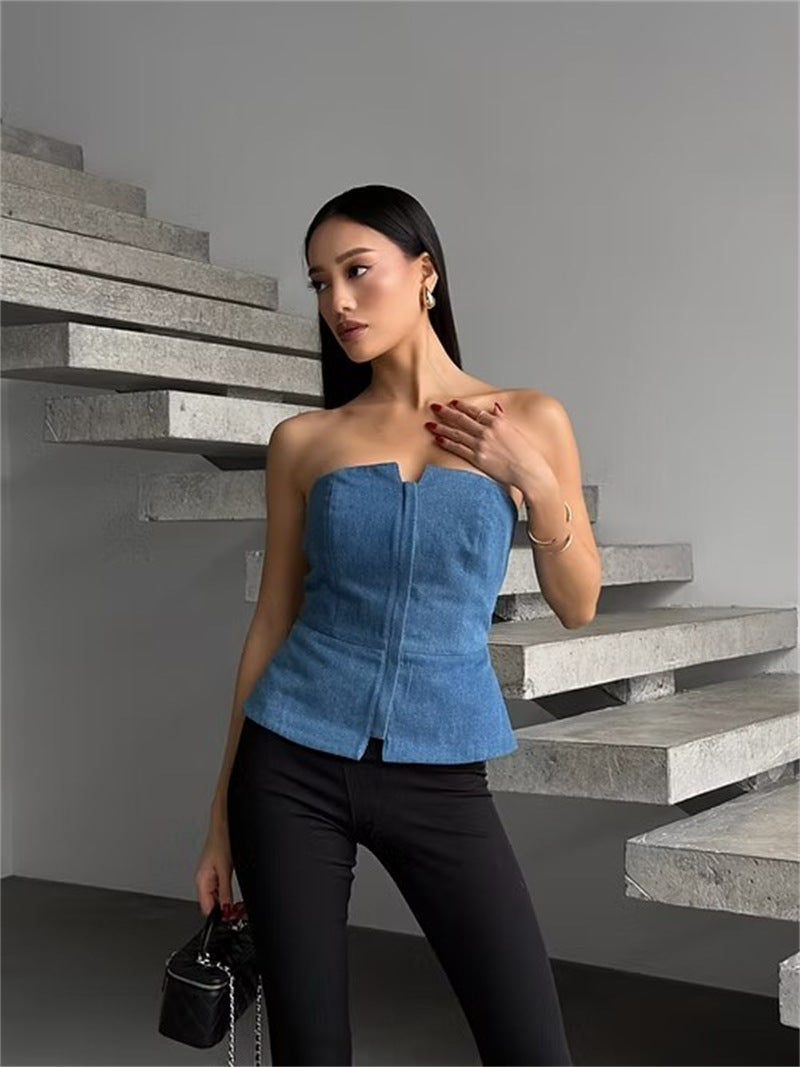 Kvinnors ärmlös denim-topp med dragkedja Mirla-Eva Jonsson