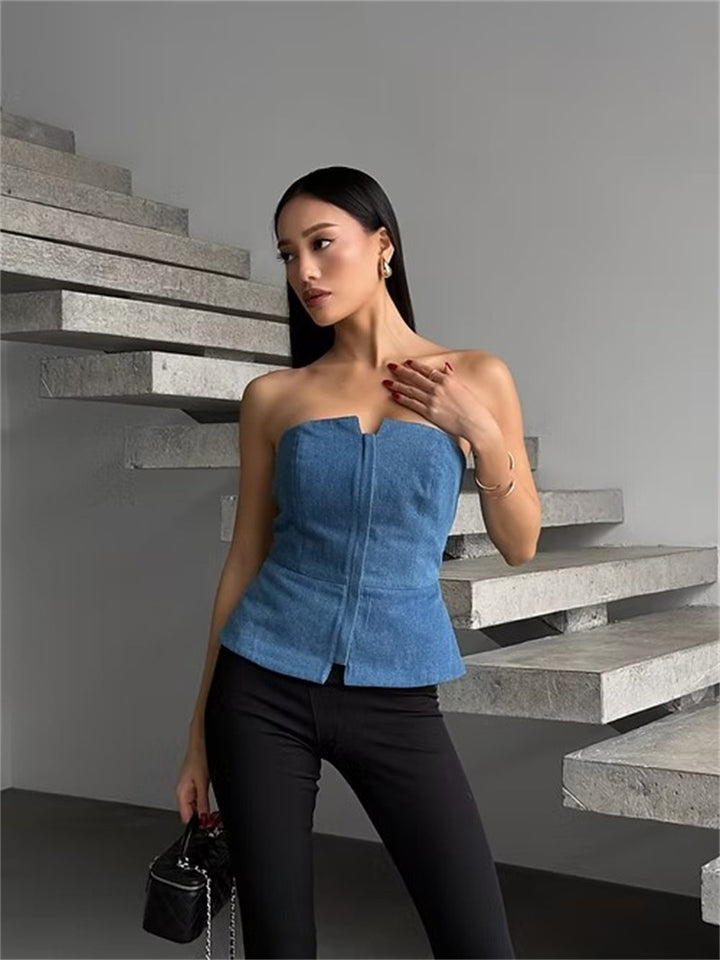 Kvinnors ärmlös denim-topp med dragkedja Mirla-Eva Jonsson