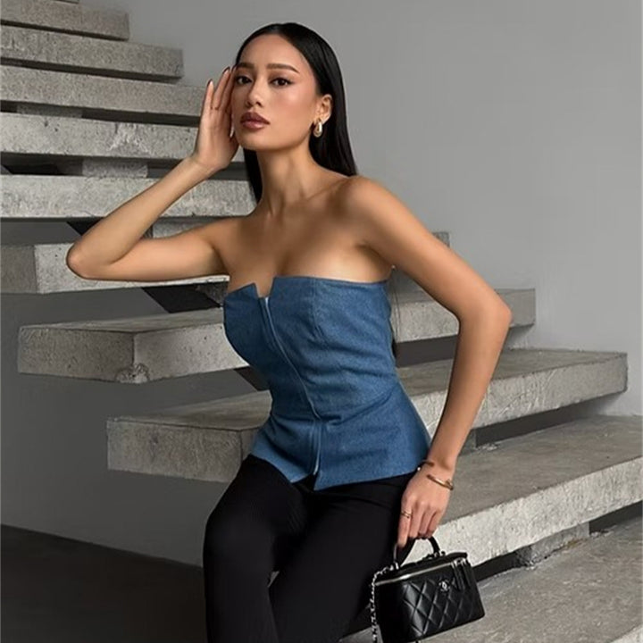 Kvinnors ärmlös denim-topp med dragkedja Mirla-Eva Jonsson