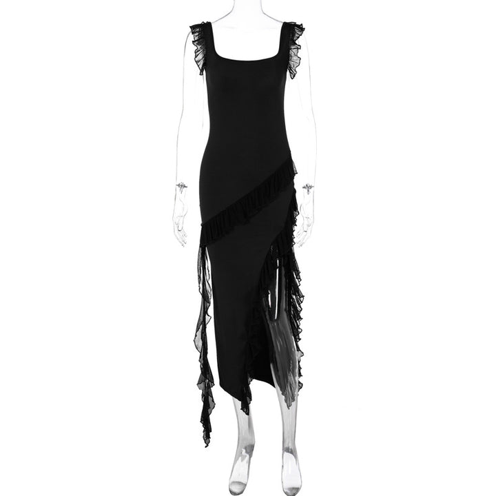 Kvinnors asymmetrisk maxi-klänning med volangdetaljer och hög slits Mirla-Eva Jonsson