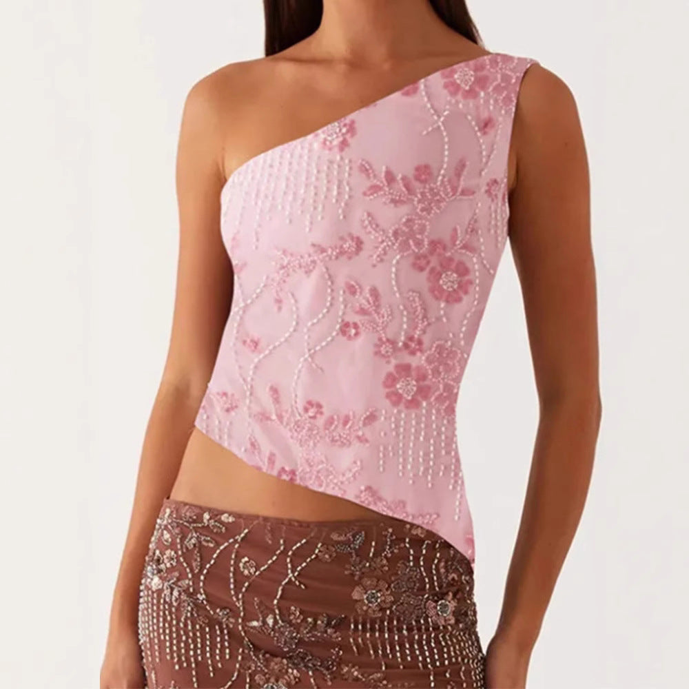 Kvinnors asymmetrisk topp med blommig rhinestone-design Mirla-Eva Jonsson
