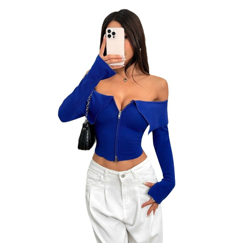 Kvinnors avkortad topp med asymmetrisk dragkedja och off-shoulder design Mirla-Eva Jonsson