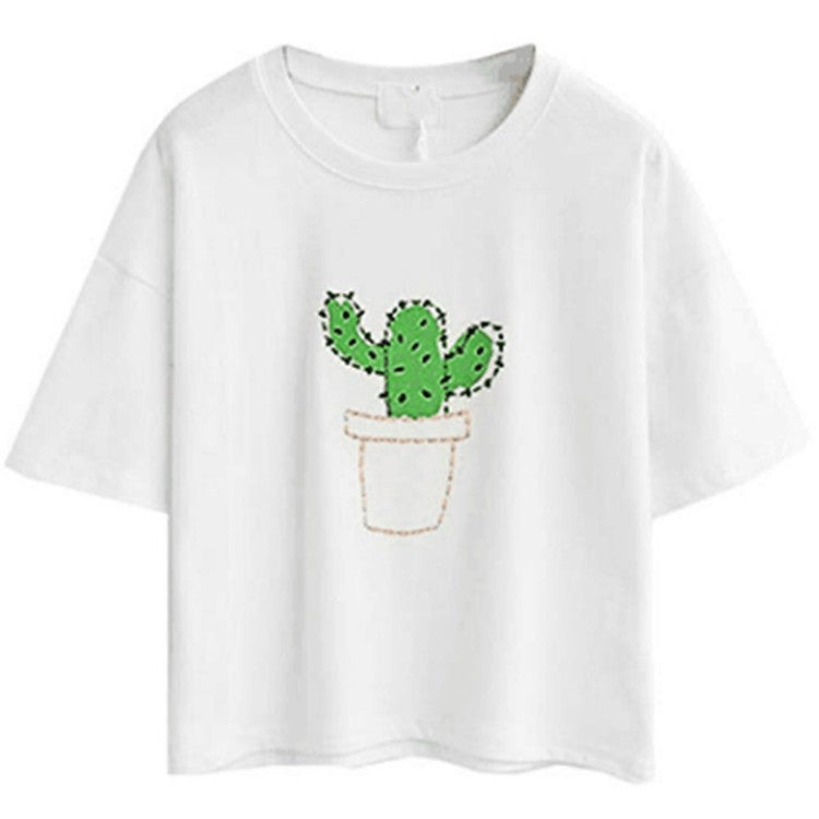Kvinnors avslappnad T-shirt med sött katt- och växtdesign Mirla-Eva Jonsson