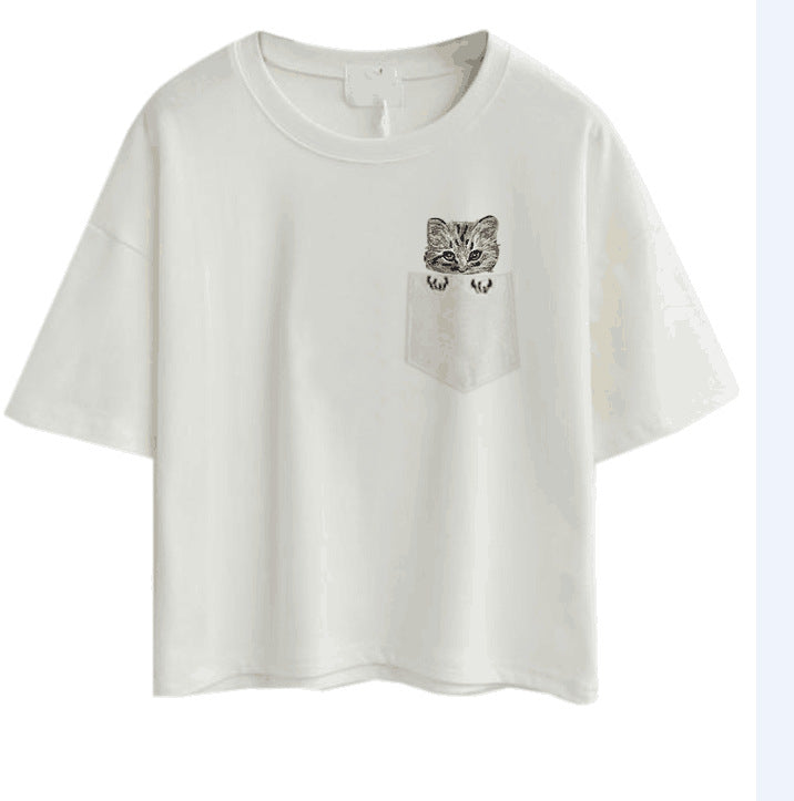 Kvinnors avslappnad T-shirt med sött katt- och växtdesign Mirla-Eva Jonsson