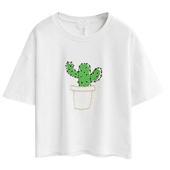 Kvinnors avslappnad T-shirt med sött katt- och växtdesign Mirla-Eva Jonsson