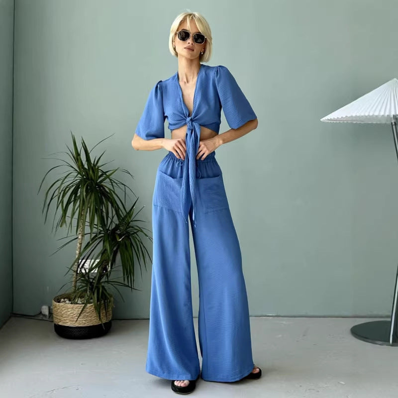 Kvinnors avslappnad crop top och vida högmidjade byxor set Mirla-Eva Jonsson