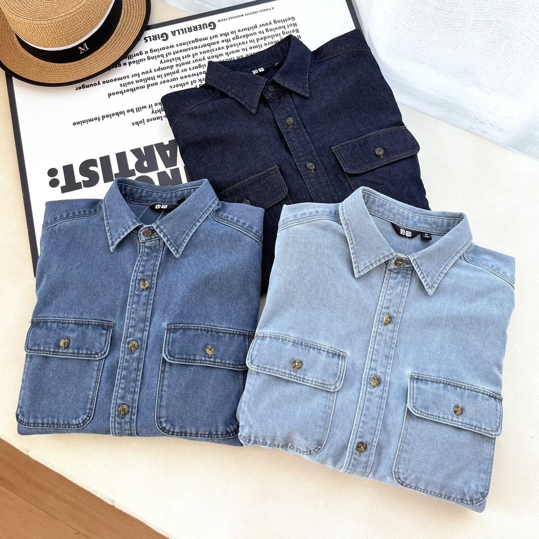 Kvinnors avslappnad denimskjorta blus med bröstfickor Mirla-Eva Jonsson