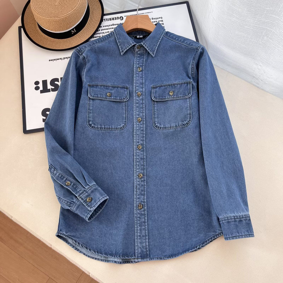 Kvinnors avslappnad denimskjorta blus med bröstfickor Mirla-Eva Jonsson