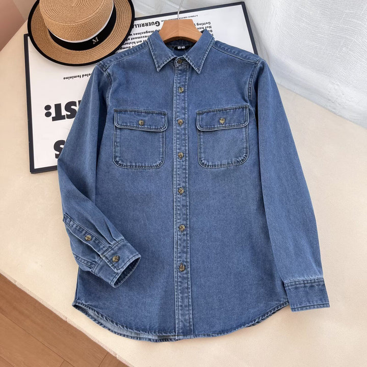 Kvinnors avslappnad denimskjorta blus med bröstfickor Mirla-Eva Jonsson