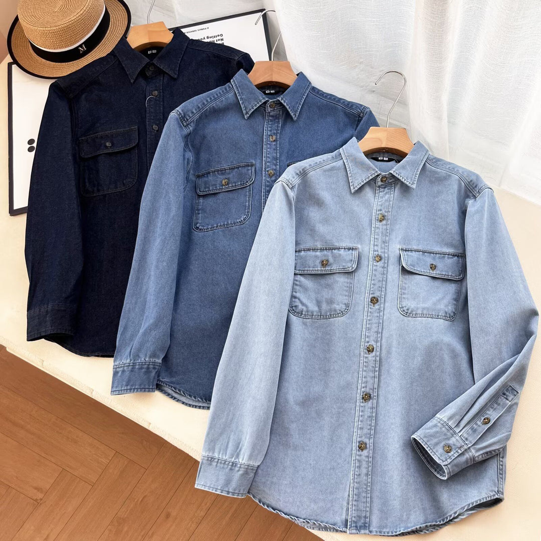 Kvinnors avslappnad denimskjorta blus med bröstfickor Mirla-Eva Jonsson