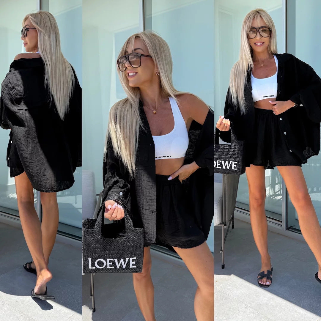 Kvinnors avslappnad kort jumpsuit-set med asymmetrisk topp och elastiskt midjeband-Eva Jonsson