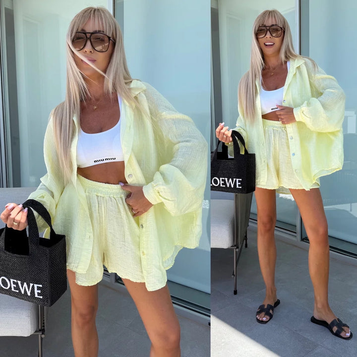 Kvinnors avslappnad kort jumpsuit-set med asymmetrisk topp och elastiskt midjeband-Eva Jonsson