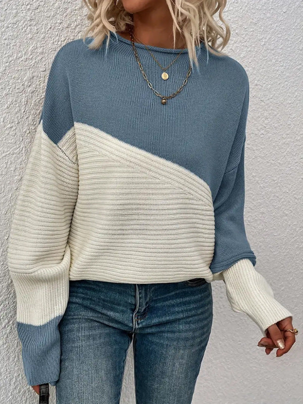 Kvinnors avslappnad stickad tröja med texturerad design och moderna färgblock Mirla-Eva Jonsson