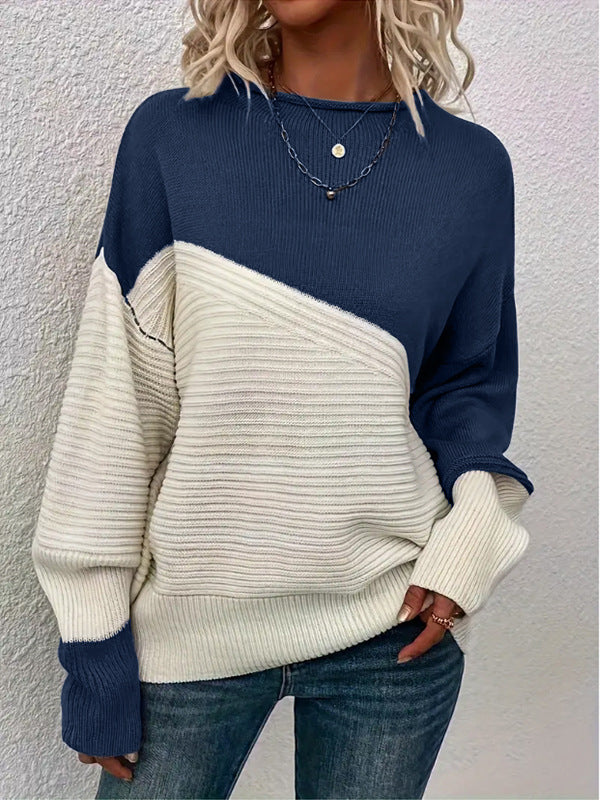 Kvinnors avslappnad stickad tröja med texturerad design och moderna färgblock Mirla-Eva Jonsson