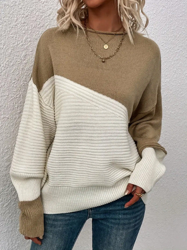 Kvinnors avslappnad stickad tröja med texturerad design och moderna färgblock Mirla-Eva Jonsson
