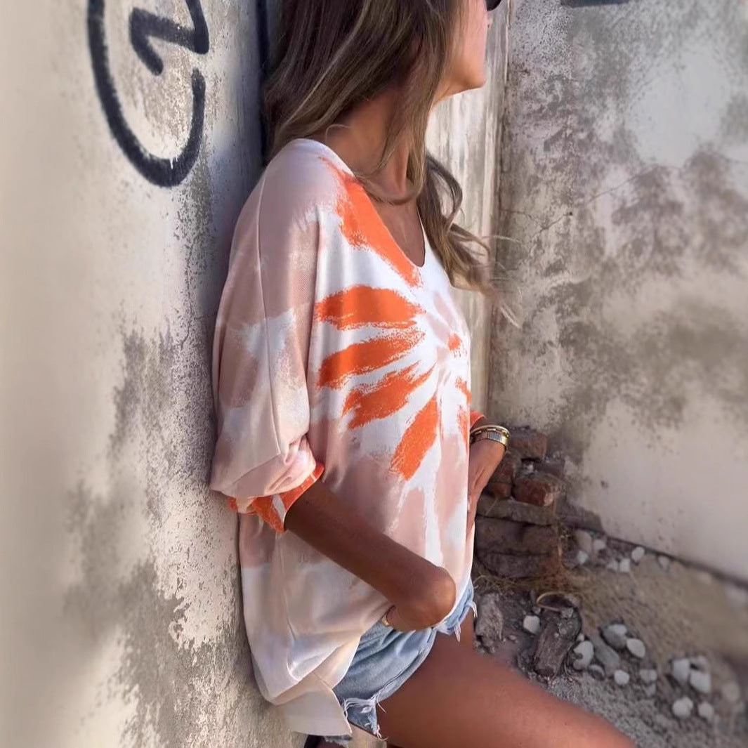 Kvinnors avslappnad tie-dye sweatshirt med V-hals och sänkta axlar Mirla-Eva Jonsson