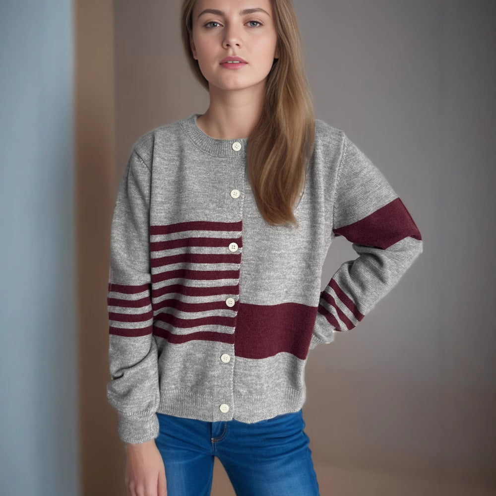 Kvinnors avslappnade cardigan med kontrasterande ränder och eleganta knapprar detalj Mirla-Eva Jonsson