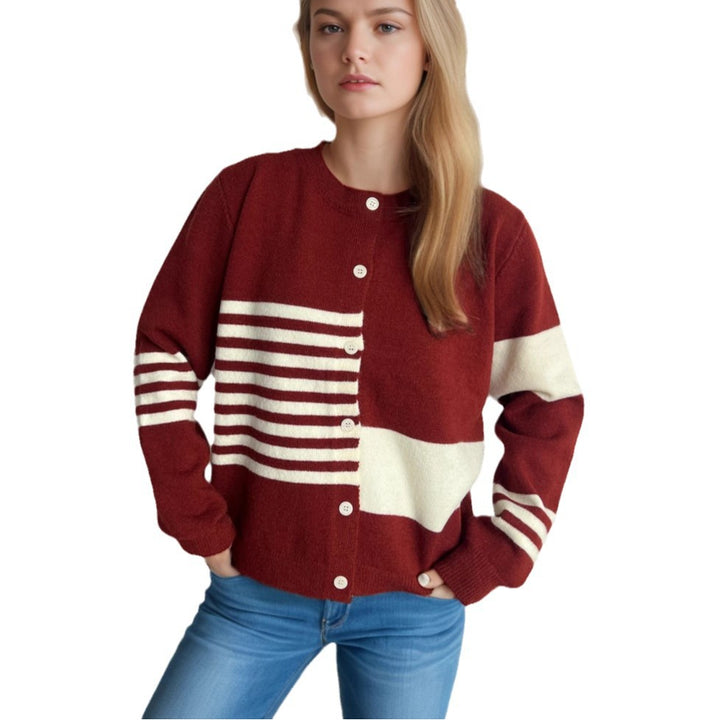 Kvinnors avslappnade cardigan med kontrasterande ränder och eleganta knapprar detalj Mirla-Eva Jonsson