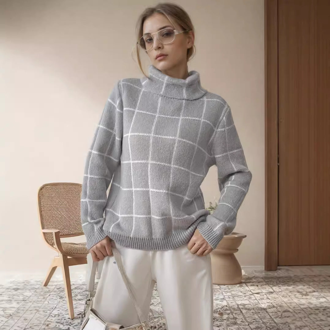 Kvinnors avslappnade chunky stickad tröja med modern rutmönster och hög krage Mirla-Eva Jonsson