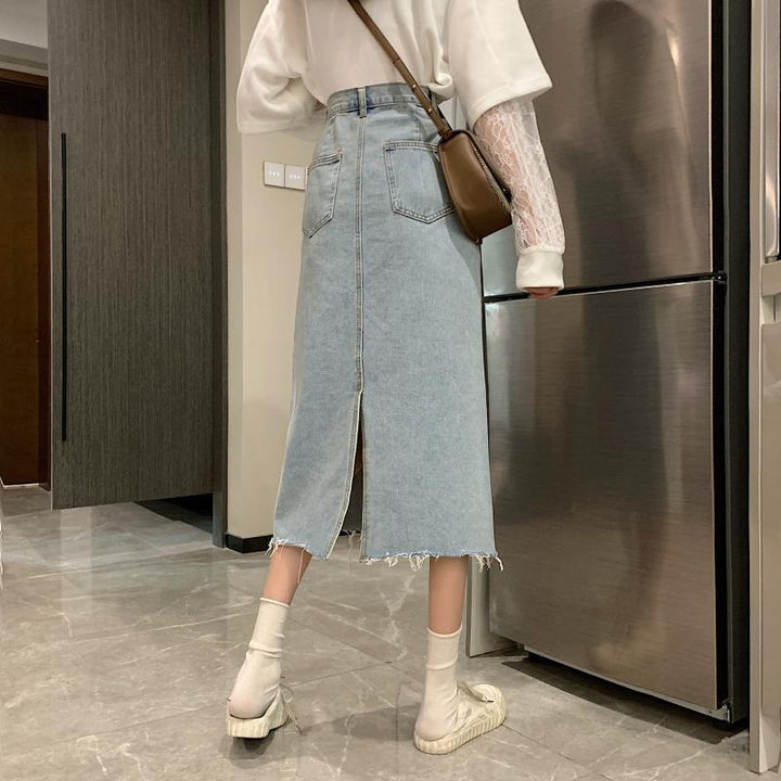 Kvinnors avslappnade denim midi kjol med fransad nederkant-Eva Jonsson
