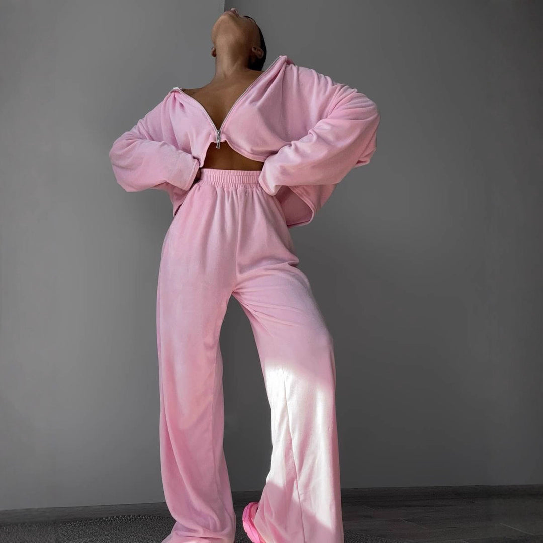Kvinnors avslappnade fleece-set med hög krage, dragkedja och vida ben Mirla-Eva Jonsson