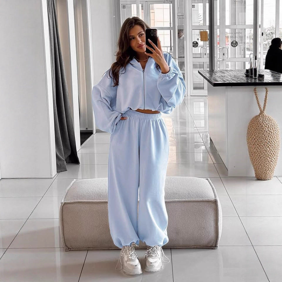 Kvinnors avslappnade fleece-set med kort dragkedja och elastisk midja Mirla-Eva Jonsson