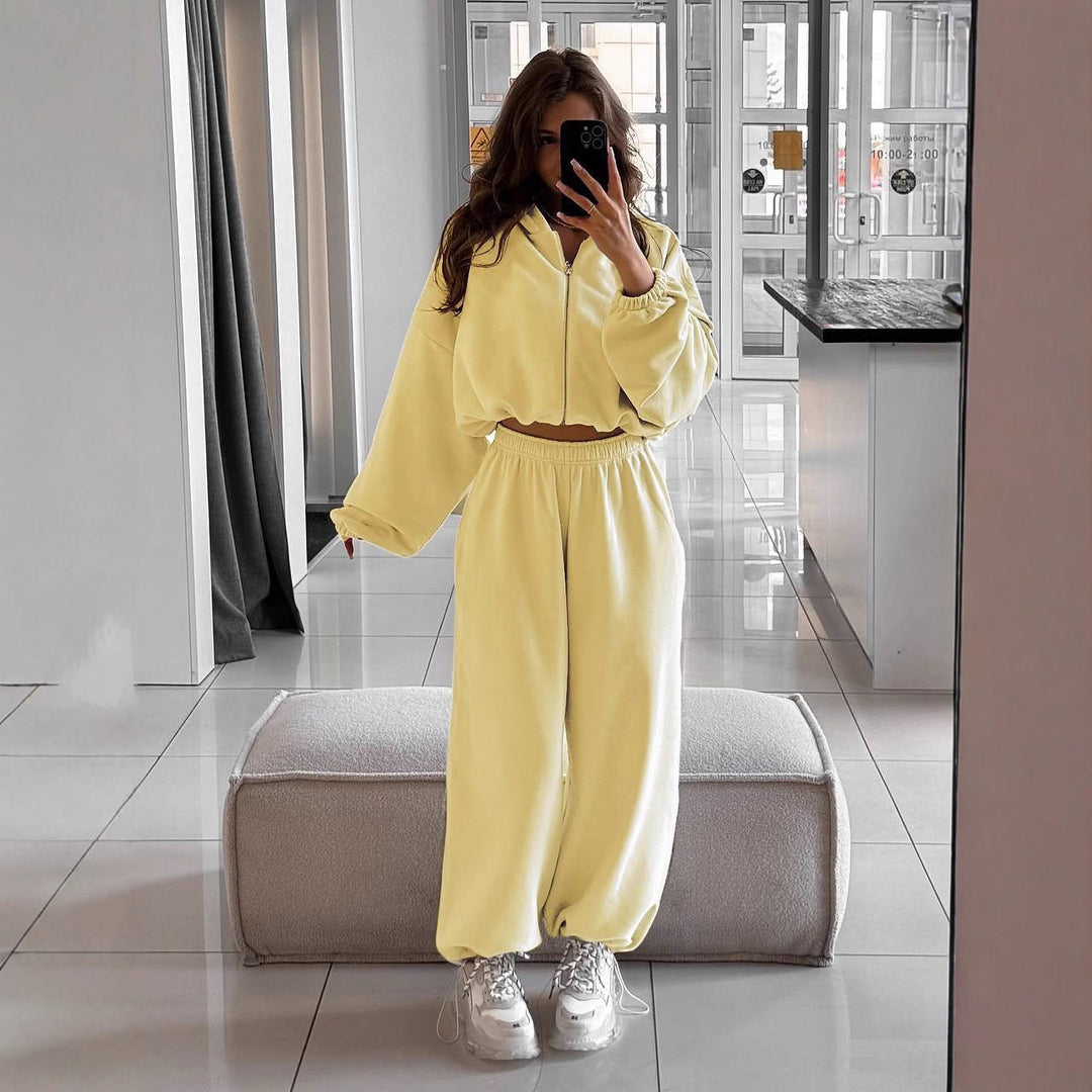 Kvinnors avslappnade fleece-set med kort dragkedja och elastisk midja Mirla-Eva Jonsson