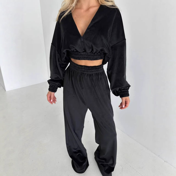 Kvinnors avslappnade fleece-set med lös topp och elastiska byxor-Eva Jonsson