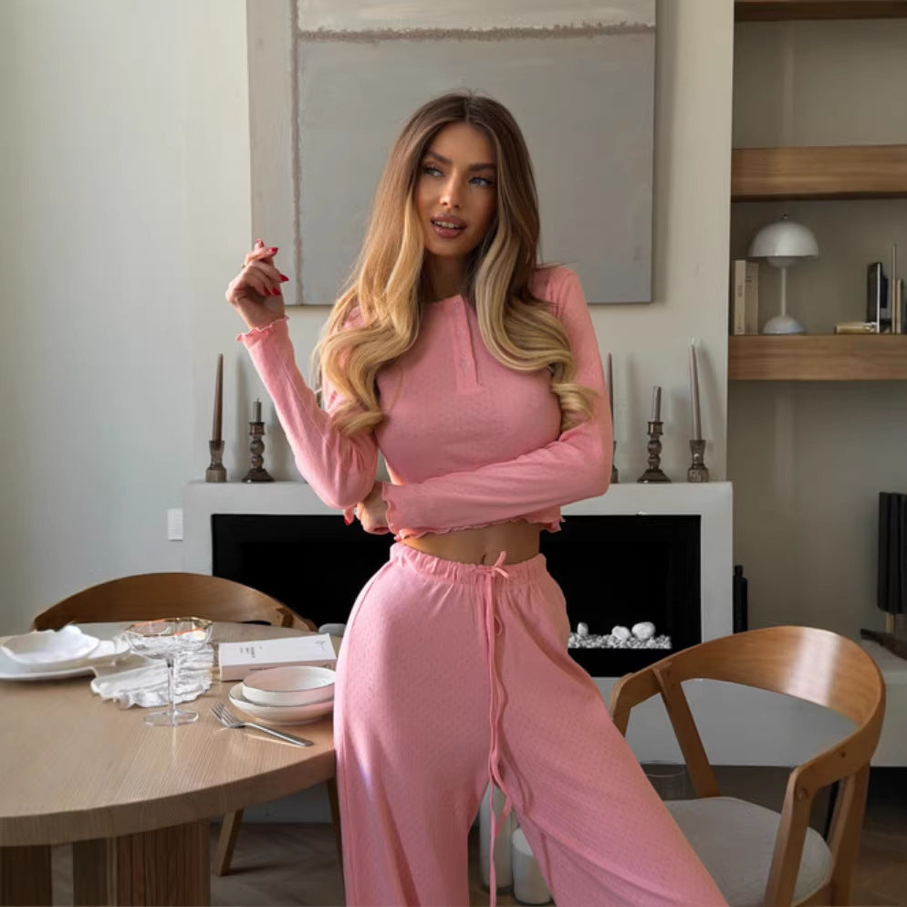 Kvinnors avslappnade fritidsdräkt med hög midja och texturerad yta Mirla-Eva Jonsson