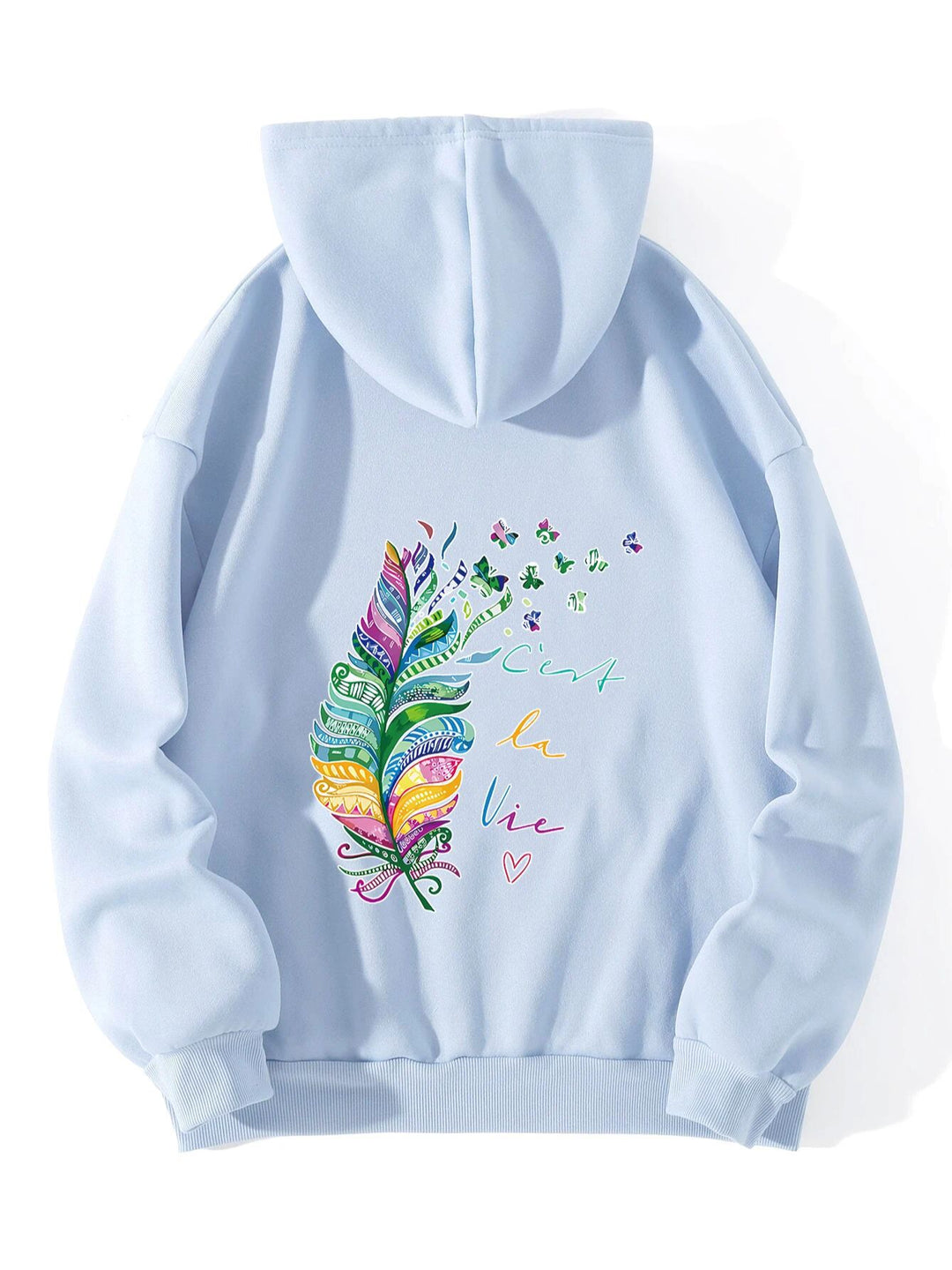 Kvinnors avslappnade hoodie med färgglad fjäderdesign och inspirerande text Mirla-Eva Jonsson
