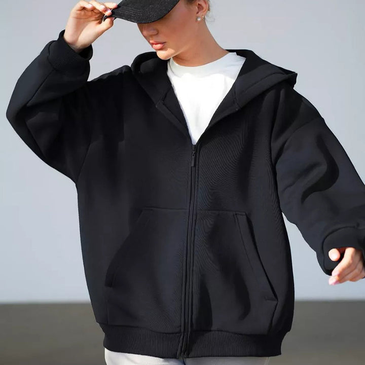 Kvinnors avslappnade hoodie med full dragkedja och stora fickor-Eva Jonsson