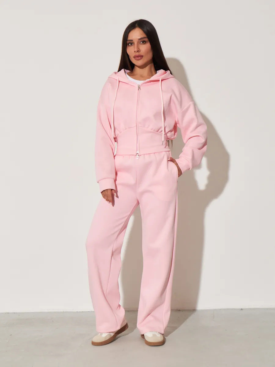 Kvinnors avslappnade hoodie topp och vida sweatpants set med hög midja och dragkedja Mirla-Eva Jonsson