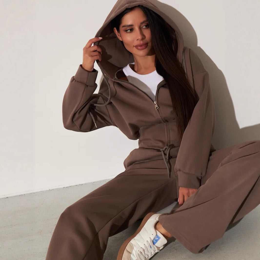 Kvinnors avslappnade hoodie topp och vida sweatpants set med hög midja och dragkedja Mirla-Eva Jonsson