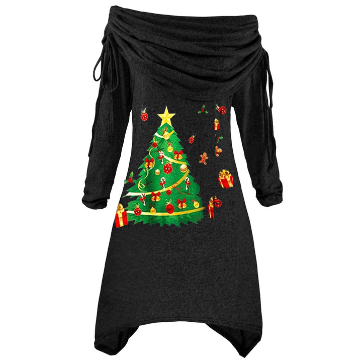 Kvinnors avslappnade juldress med off-the-shoulder-design och festligt tryck Mirla-Eva Jonsson